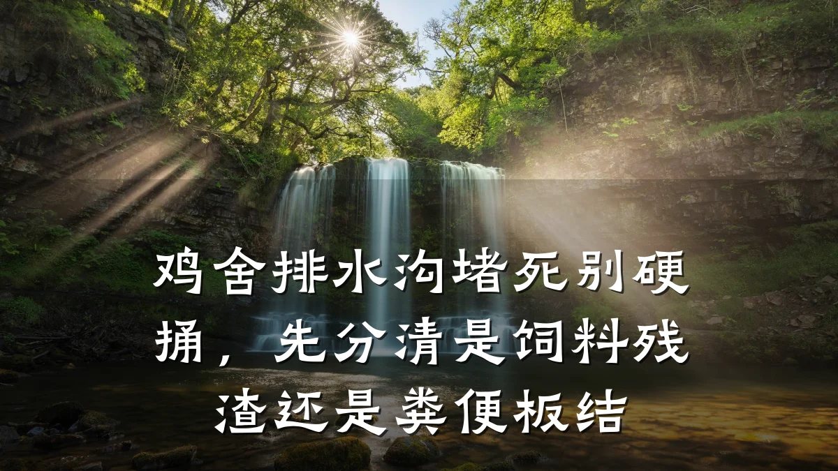 鸡舍排水沟堵死别硬捅，先分清是饲料残渣还是粪便板结