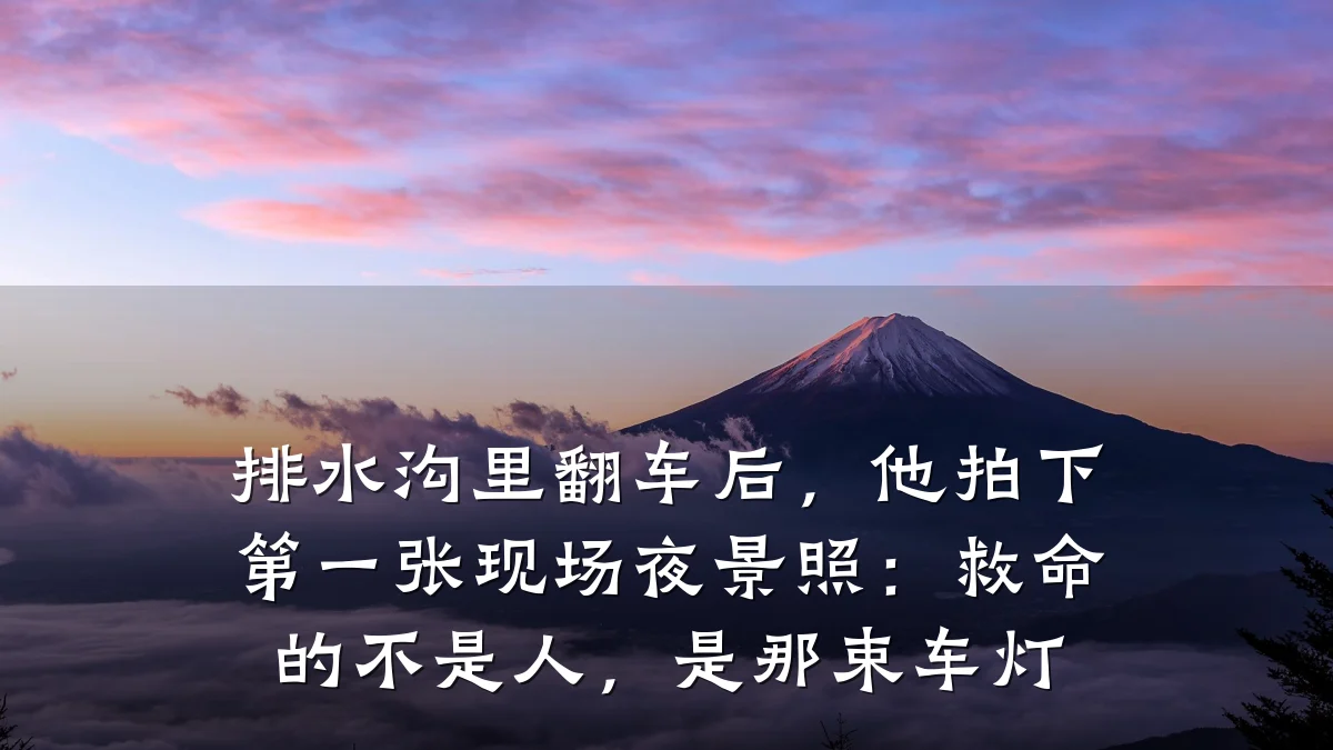 排水沟里翻车后,他拍下第一张现场夜景照:救命的不是人,是那束车灯